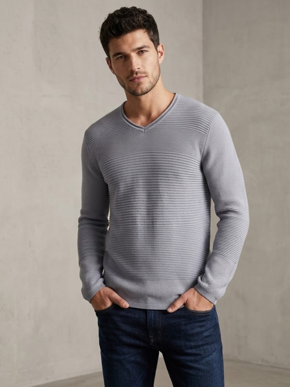 Armani Exchange AX Sweater Mens Large Gray Blue V-Neck Ribbed Knit Cotton Rayon